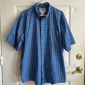 Wrangler Men’s Blue Red Short Sleeve Collared Plaid Button Down Shirt Casual XXL